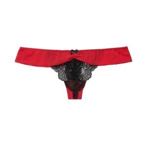 Adore Me Red Satin & Black Lace Mesh Thong Panty